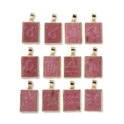 Rhodonite 12Pcs 12 Styles Natural Rhodonite Pendants, Rectangle Charms with Twelve Constellations, with Rack Plating Light Gold Tone Brass Findings, Cadmium Free & Lead Free, 22x16x3.5mm, Hole: 6x4mm, 1pc/style