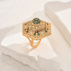 Зеленый Геометрические латунные микропаве кубические цирконии регулируемые кольца для женщин, золотые, зелёные, 28 мм, внутренний диаметр: регулируемый