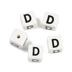 Letter D Фарфоровые бусы, квадрат с буквой, Буква D, 8.5x8.5x8.5 мм, отверстие : 1.6 мм