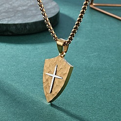 Golden & Stainless Steel Color Duo Tone 304 Stainless Steel Cross Shield Pendant Necklaces for Men, Golden & Stainless Steel Color, 23.62 inch(60cm)