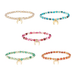 (52) Непрозрачная лаванда Натуральный агат и полосатый агат круглые бусины эластичный браслет, , латунный браслет с подвеской в виде полумесяца для девушек и женщин, золотые, разноцветные, внутренний диаметр: 2-1/4 дюйм (5.6 см)