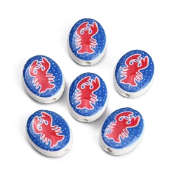 Red Printed Handmade Porcelain Beads, Oval with Lobster, Red, 21x17~17.5x7.5mm, Hole: 2.5~3mm
