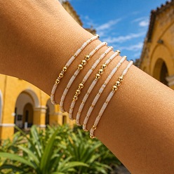 White Brass Round and Glass Seed Beads Stretch Bracelet Sets for Women, Adjustable Stackable Bracelets, Golden, White, 6.89 inch(17.5cm), 6pcs/set