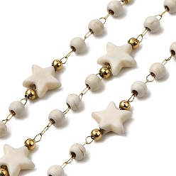 Настоящее золото 18K Ручная работа 304 цепочки из нержавеющей стали с синтетическим бирюзовым оттенком, пайки, с 316 цепями и катушкой из нержавеющей стали, ионное покрытие (ip), реальный 18 k позолоченный, бисер: 7x8x3 мм & 3 мм