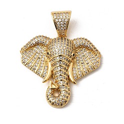 Слон Латунные микропаве прозрачные подвески с фианитом, долговечный, стойки покрытие, без свинца и без кадмия, реальный 18 k позолоченный, слон, 35.5x37x9 мм, отверстие : 8x5.5 мм