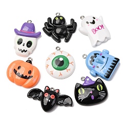 (52) Непрозрачная лаванда Подвески из непрозрачной смолы на Хэллоуин, с железной платиной петлей, разнообразные, разноцветные, 22~35x24~37x7~8 мм, отверстие : 2 мм