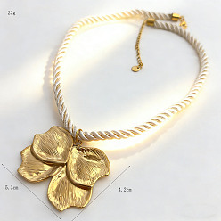 Flower Summer Beach 304 Stainless Steel Pendant Twisted Cotton Cord Necklaces, Real 18K Gold Plated, Floral White, Flower, 15.75 inch(40cm), Pendant: 53x42mm