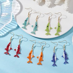 (52) Непрозрачная лаванда Серьги-подвески из стеклянного бисера ручной работы, акула, с фурнитурой для сережек из нержавеющей стали, золотые, разноцветные, 50.5x16 мм