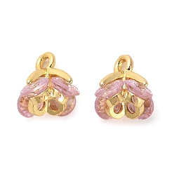 Pink Brass Micro Pave Cubic Zirconia Charms, Flower, Pink, 8x7x7mm, Hole: 1.2mm