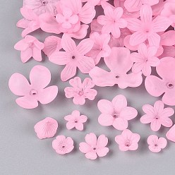 Hot Pink Frosted Acrylic Bead Caps, Flower, Hot Pink, 9~27x9~28x2.5~14mm, Hole: 1.4~2mm, about 1046pcs/500g