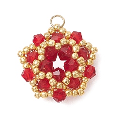 Красный Имитация австрийских хрустальных биконусных подвесок из стекла и стекла с прожилками., цветочный шарм, с 304 нержавеющей стали, граненые, красные, 22x20x7.5 мм, отверстие : 3 мм