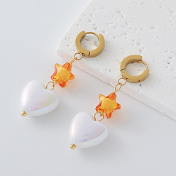 Naranja 304 Pendientes colgantes de aro de resina y acero inoxidable para mujer, estrella con el corazón, dorado, con perlas de imitación, naranja, 52 mm