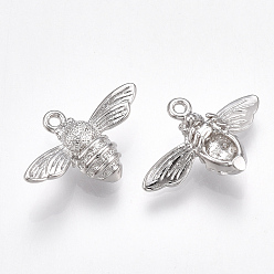 Платинированный Латунные подвески, Пчелы, без никеля , Реальная платина, 11.5x17x4.5 мм, отверстие : 1 мм
