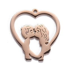 Roségold 304 Edelstahl Anhänger, Herz mit Jungen- und Mädchenkussmuster, Roségold, 24.5x23.5x1.4 mm, Bohrung: 1.6 mm