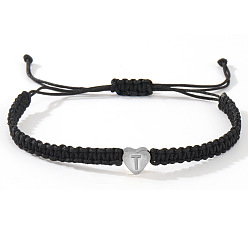 Letter T 304 браслеты из плетеных бусин в форме сердца из нержавеющей стали с буквами, регулируемые плетеные браслеты из нейлонового шнура для парной дружбы, платина, Письмо T, 7-7/8 дюйм (20 см), внутренний диаметр: 11 дюйм (28 см)