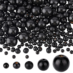 Черный 680 шт 5 стили бусины из натурального дерева, деревянные восковые бусы, окрашенные, круглые, чёрные, 6~20x6~18 мм, отверстие : 1.4~4.5 мм