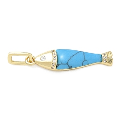 Blue Brass Micro Pave Clear Cubic Zirconia Pendants, with Arylic, Fish Charms, Long-Lasting Plated, Rack Plating, Lead Free & Cadmium Free, Real 18K Gold Plated, Blue, 32x8x4mm, Hole: 6x3mm