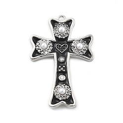 Черный Латунные микро проложить кубического циркония подвески, крестик с сердечками, с бусинами из эмали и абс пластика, без свинца и без кадмия, долговечный, платина, чёрные, 30x19x3.5 мм, отверстие : 1.4 мм