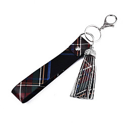 Black PU Leather Tassel Keychain, with Rhinestone, Plastic, Alloy Lobster Claw Clasps and Iron Split Key Rings, Stripe Pattern, Platinum, Black, 22.7cm