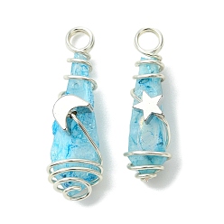 Серебро 2шт. подвески из гальванизированной натуральной кварцевой хрустали, обернутые медной проволокой, подвески-слезинки с латунной звездой и луной, серебряные, 28~37x9.5~15.5x7.5~16 мм, отверстие : 3.5~4 мм