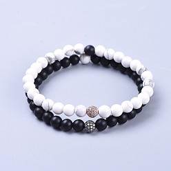 Говлит Наборы эластичных браслетов из натуральных черных агатовых (окрашенных) бусин и натуральных бусин из говлита, с латунной бусиной из микропаве из кубического циркония, матовые, металлический черный & розовый золотой, 2-1/8 дюйм (5.5 см), 2 шт / комплект