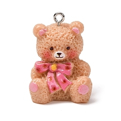 Khaki Opaque Resin Pendants, Teddy Bear with Bowknot Charms, with Platinum Iron Loops, Khaki, 29x21x22mm, Hole: 2mm