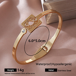 Flower 304 Stainless Steel Crystal Rhinestone Hinged Cuff Bangles for Women, Golden, Flower, Inner Diameter: 2.36 inch(6cm)