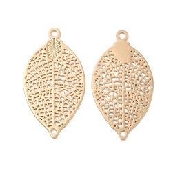 Light Gold Long-Lasting Plated Brass Connector Charms, Hollow Leaf Links, Light Gold, 28x15x0.3mm, Hole: 1.2mm