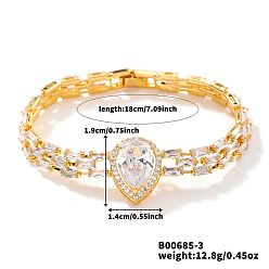 Прозрачный Браслеты-цепочки из латуни с кубическими циркониями, браслеты для часов для женщин, слеза, прозрачные, внутренний диаметр: 7-1/8 дюйм (18 см)