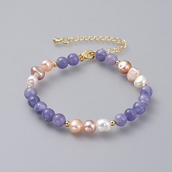 Кварц Вышитый бисером браслеты, с натуральным жемчугом, Натуральные кварцевые (окрашенные) бусины и позолоченные латунные удлинители цепи и бусины-разделители, 7-1/8 дюйм (18.1 см)