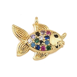 Real 18K Gold Plated Brass Micro Pave Colorful Cubic Zirconia Charms, Fish Charms, Rack Plating, Long-Lasting Plated, Cadmium Free & Lead Free, Real 18K Gold Plated, 11x14x3mm, Hole: 0.6mm