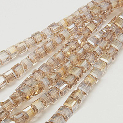 Wheat Electroplate Glass Beads Strands, AB Color Plated, Faceted, Cube, Wheat, 4x4x4mm, Hole: 1mm