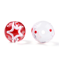 Rot Transparentes Glas mit Emailleperlen, Runde mit Sternchen-, rot, 13x12x11 mm, Bohrung: 1.2~1.5 mm