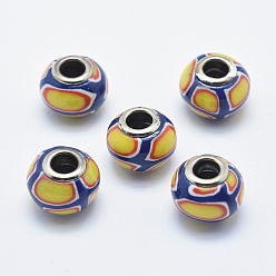 (932FM) Темно-синий аква-матовый с подкладкой Европейские бусины, полимерная глина, ручная работа, с латунными сердечниками с серебряным покрытием, бусины с большим отверстием, рондель, темно-золотистые, 13~16x8~11 мм, отверстие : 4.5~5 мм