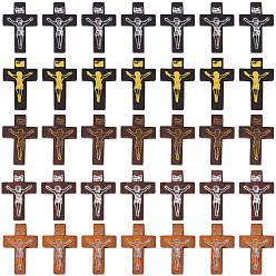 Mixed Color Easter Theme Printed Wooden Pendants, Crucifix Cross, Dyed, Mixed Color, 32.5~33.5x21~22x4.5mm, Hole: 2mm, 50pcs/set
