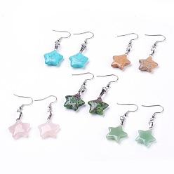 Mixed Stone Natural & Synthetic Mixed Gemstone Dangle Earrings, with 304 Stainless Steel Earring Hooks, Star, 52~53mm, Pin: 0.6mm