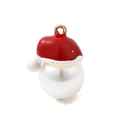 Настоящее золото 18K Латунь эмаль подвески, Дед Мороз, с пластмассовой жемчужиной abs, стойки покрытие, долговечный, без кадмия и без свинца, реальный 18 k позолоченный, 19x15x12.5 мм, отверстие : 1.4 мм