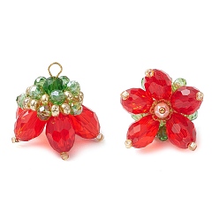 Красный Прозрачные стеклянные подвески, цветочный шарм, со стеклянными жемчужными бусинами и латунными петлями, граненые, красные, 20x23x22 мм, отверстие : 2x3 мм