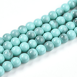 Бирюза Выпечки нарисованных стеклянных бусин прядей, круглые, два тона, бирюзовые, 8~8.5 мм, отверстие : 1.4 мм, около 103~107 шт / нитка, 30.12~31.30 дюйм (76.5~79.5 см)