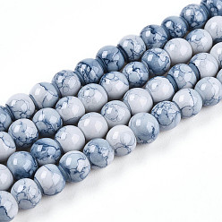 Стально-синий Выпечки нарисованных стеклянных бусин прядей, имитировать фарфоровые бусины, круглые, стальной синий, 6~6.5 мм, отверстие : 1 мм, около 137~171 шт / нитка, 29.53~36.61 дюйм (75~93 см)