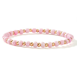 Бледно-Розовый Эластичный браслет из пластика и латуни с бусинами для женщин, рондель, золотые, розовый жемчуг, 6.89 дюйм (17.5 см)