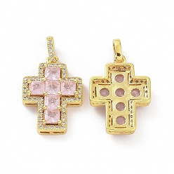 Pearl Pink Brass Micro Pave Clear Cubic Zirconia Pendants, Cross, Religion, Pearl Pink, 24x17x5mm, Hole: 3.5x5~5.5mm