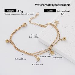 Star 304 Stainless Steel Charm 2-Strand Bracelets for Women, Golden, Star, 7.48 inch(19cm)