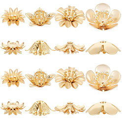 Настоящее золото 18K 24 шт 4 стиль латунные колпачки для бусинок, цветок, реальный 18 k позолоченный, 11~16.5x11~16.5x5~6 мм, отверстие : 0.5~1 мм, 6 шт / стиль