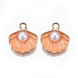 Легкий Лосось Цинк подвески эмали сплава, с абс пластмассовой имитационной жемчужиной, оболочка, золотой свет, светлый померанцевый, 15.5x14.5x6 мм, отверстие : 2 мм