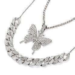 Platinum Alloy Rhinestone Pendant Necklaces & Adjustable Slider Necklaces Sets, with Box Chains and Curb Chains, Butterfly, Platinum, 15.7 inch(40cm), 30.7 inch(78cm), 2pcs/set