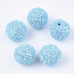 Light Sky Blue Acrylic Beads, Glitter Beads,with Sequins/Paillette, Round, Light Sky Blue, 19.5~20x19mm, Hole: 2.5mm