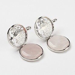 Розовый Кварц Природного розового кварца подвески, С выводами медальона из медных рассеивателей, плоские круглые с деревом, 31x26x8 мм, отверстие : 4 мм