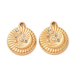 Real 18K Gold Plated 304 Stainless Steel with Crystal Rhinestone Pendants, Ion Plating(IP), Flat Round with Moon Charms, Real 18K Gold Plated, 18.5x16x3mm, Hole: 1.6mm
