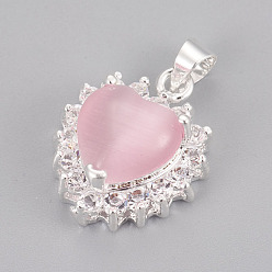 Бледно-Розовый Подвески кошачий глаз, с хрустальной и латунной фурнитурой, сердце, серебряные, розовый жемчуг, 19x15x8 мм, отверстие : 4 мм